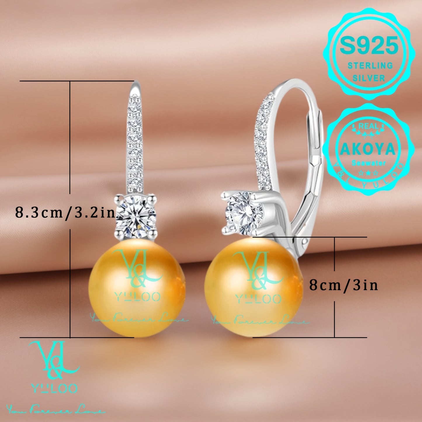 Y&L YULOO 3.6g Natural Akoya Mutsu Pearl Drop Earrings, 8mm, 5A Grade Zirconia, S925 Silver, 3.6g, Women'S Fashion Dangle Earrings, Women'S Fashion Jewelry
