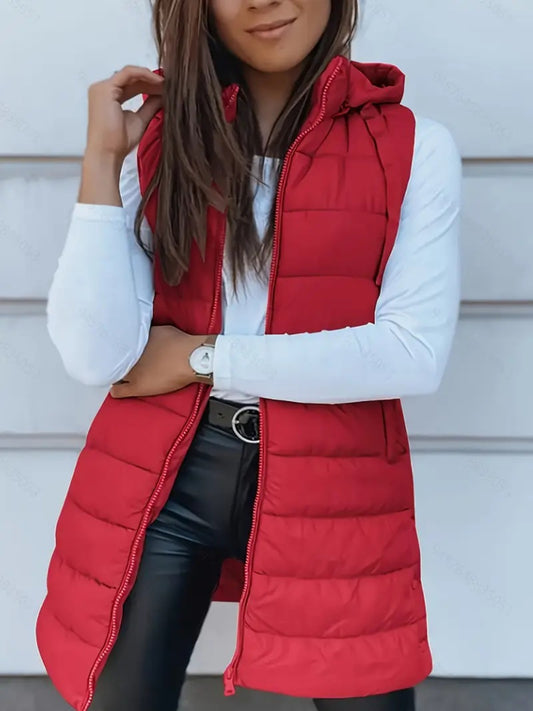 Solid Color Hooded Zipper Vest Jacket Women's Clothing