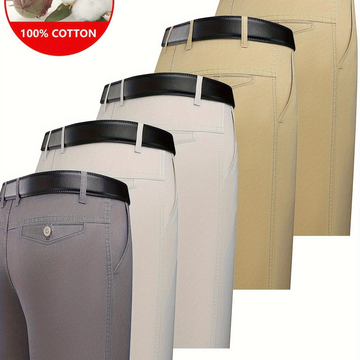 5pcs 100% Cotton Business Casual Pants - High-Waisted Breathable Trousers with Belly, Straight-Leg Cut & Button Closure, Soft Comfortable Pants Suitable for Workplace Commuting & Daily Wear, Spring/Autumn Wardrobe Essential