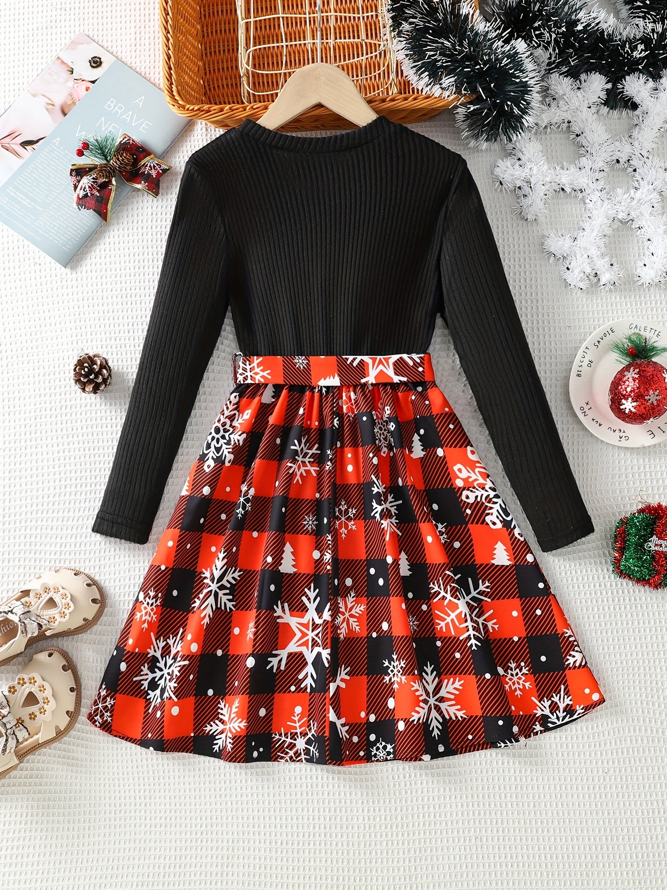 Girls' Festive Christmas Plaid Red Dress with Snowflake Print - Casual A-Line Skirt with Belt, Black & Red Check Pattern, Long Sleeves, Perfect for Fall/Winter Celebrations, Casual Winter Wear | Belted Waist Dress | Comfortab