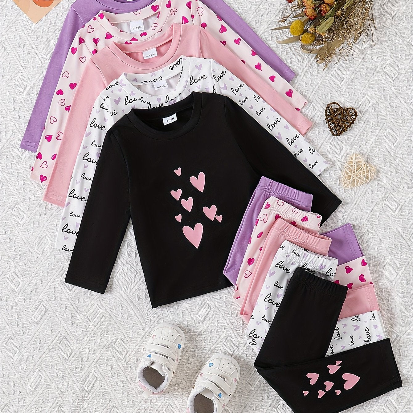 10pcs Baby Girls' Casual Long Sleeve & Pants Set - Cute & Heart Print, Soft Stretchy Fabric, Loose Fit, Spring/Fall Outdoor Playwear, Perfect for Daily Wear, for Outdoor