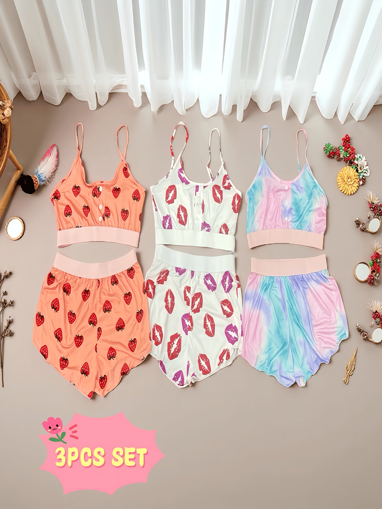 3pcs Set: Elegant Women's Home Sleepwear Set with Lip Print, Strawberry, Splashed Ink, 3 Types Of Prints, Soft And Comfortable Fabric, Perfect Gift