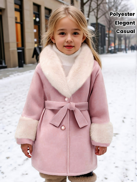 ' Princess-Style Beige Faux Fur-Lined Coat with Bow Detail - Slim Fit Long Sleeve Winter Jacket, Polyester Lining, Perfect for Fall/Winter Casual Wear, Winter Coat for , Autumn Outerwear, Elegant Bow Design, Soft Texture