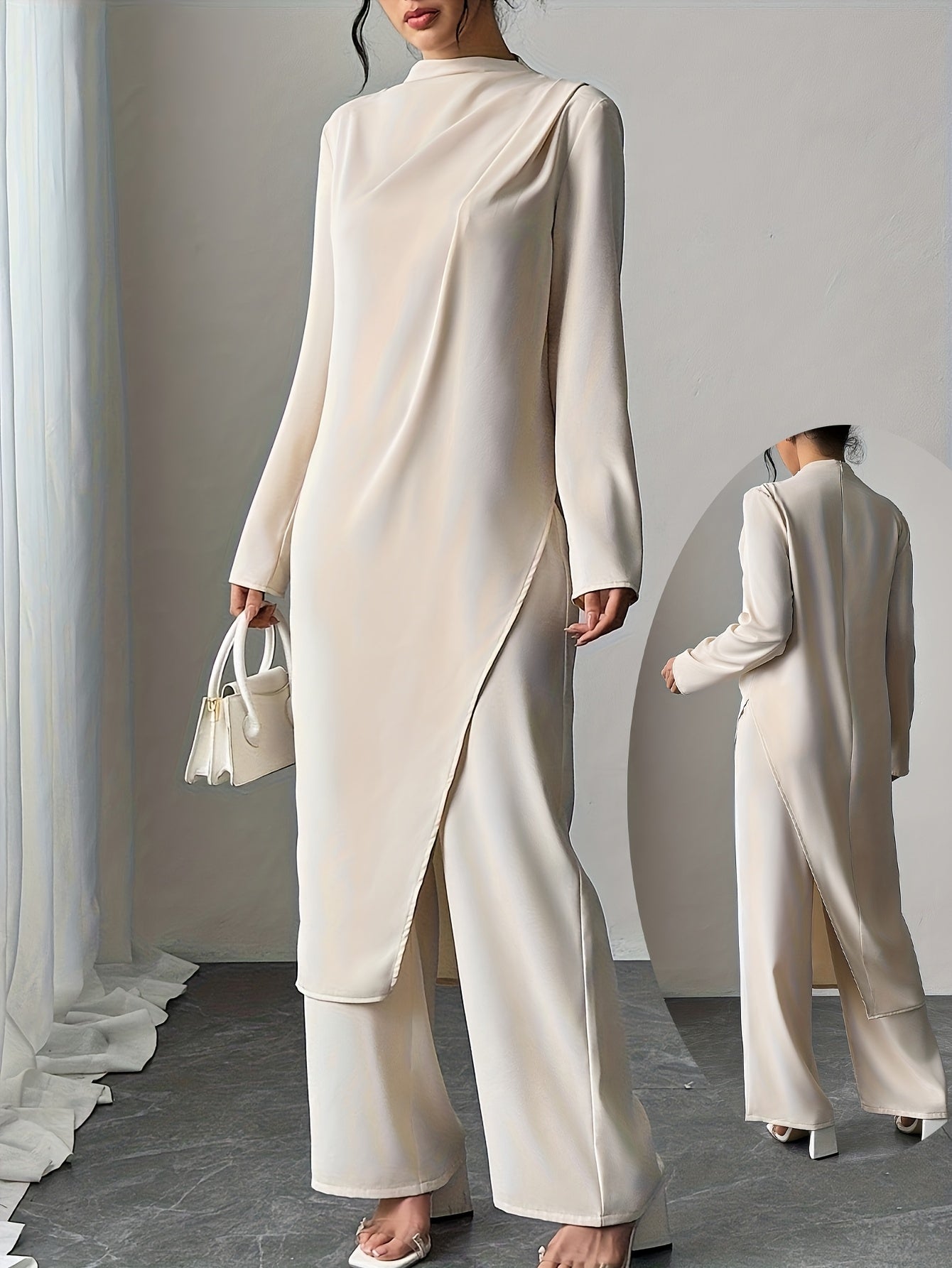 Women'S New Spring And Summer Fashion Set Featuring an Elegant Solid Color High-Neck Long-Sleeve Top with an Asymmetrical Hem And Wide-Leg Pants, Perfect for Casual Daily Wear