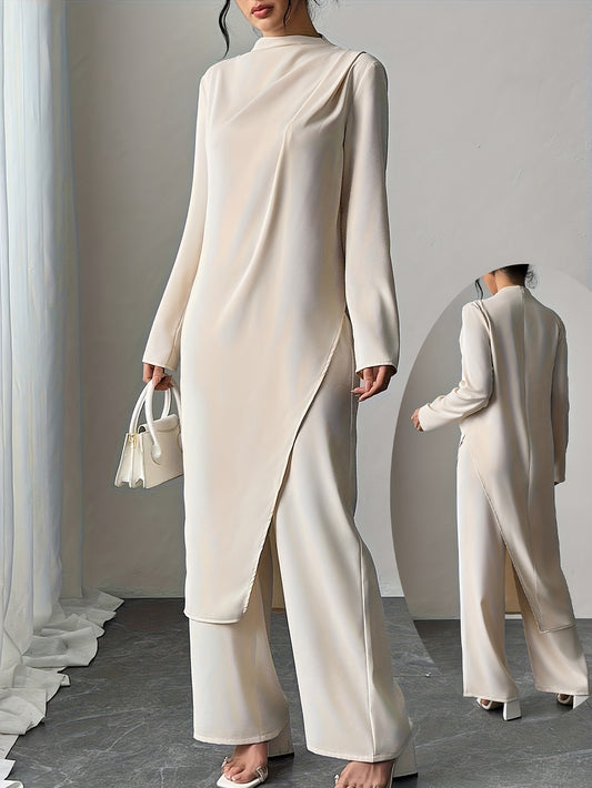 Women'S New Spring And Summer Fashion Set Featuring an Elegant Solid Color High-Neck Long-Sleeve Top with an Asymmetrical Hem And Wide-Leg Pants, Perfect for Casual Daily Wear