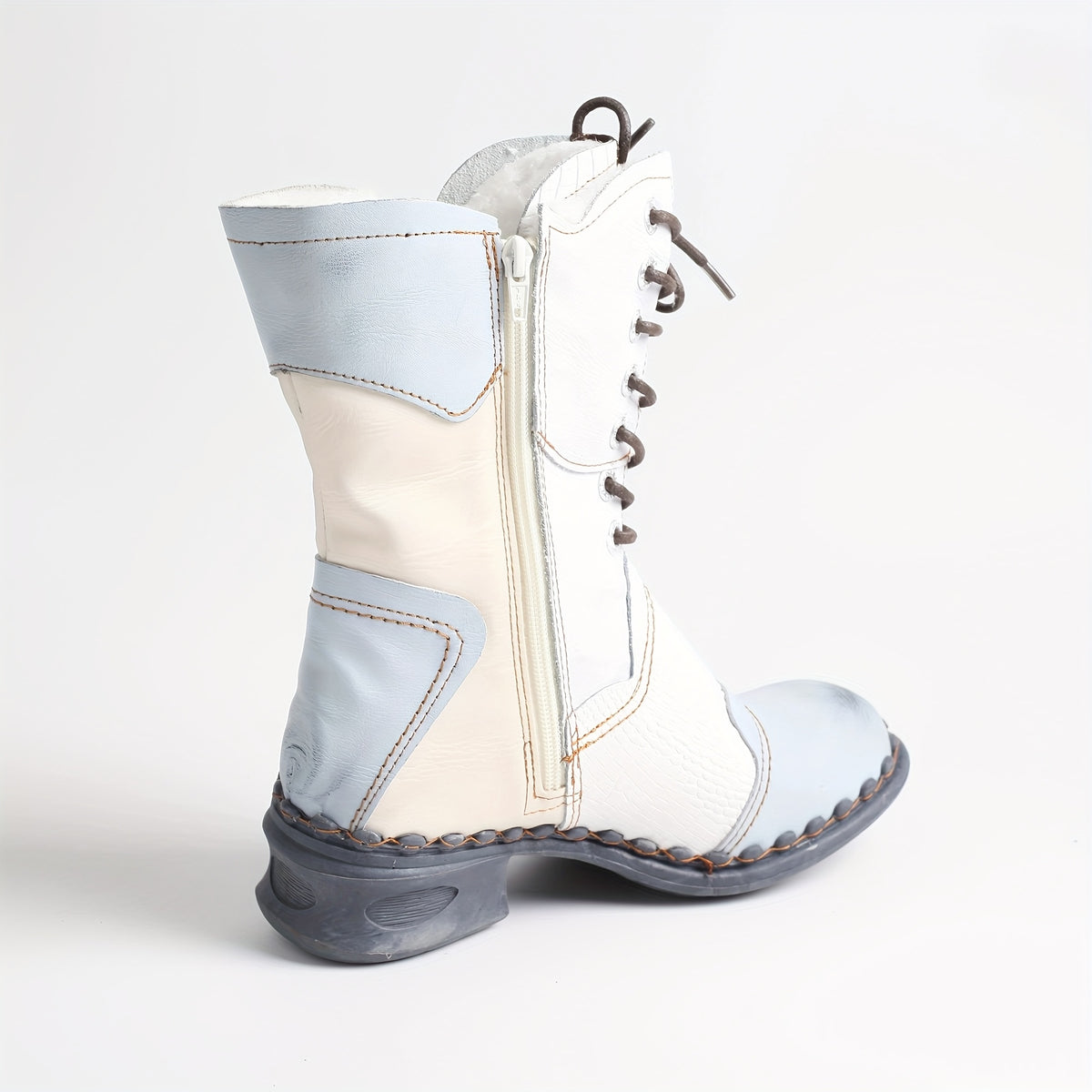 TMA EYES Women's Stylish Winter Calf Boots - Warm, Anti-Slip, Mid-Chunky Heel with Side Zipper & Laces-Up Design, Two-Layer Cover Upper in White & Blue, Casual Thick Sole for Cold Weather