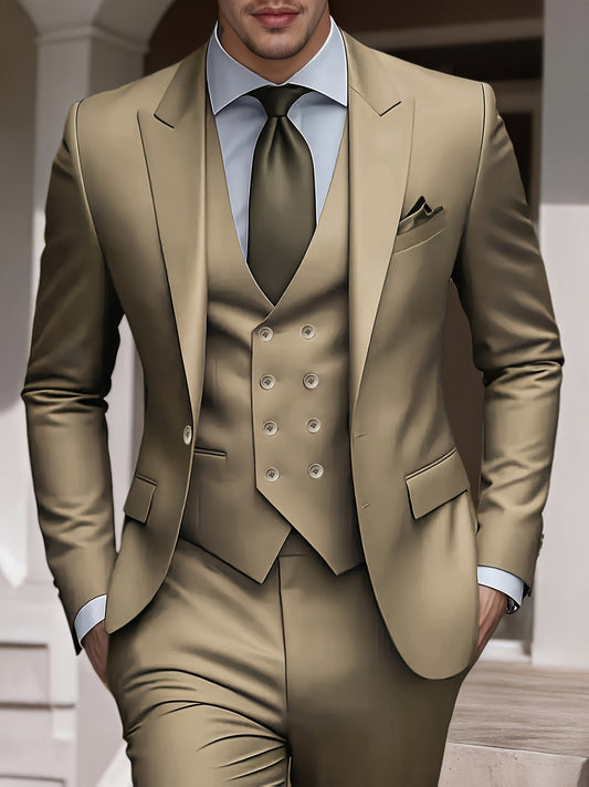 3pcs Men'S Solid Color Suit, Stylish And Refined for Business Or Wedding Occasions