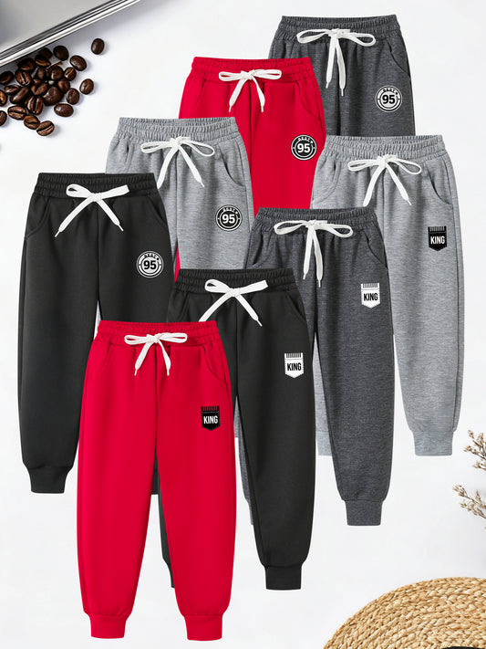 8pcs Boys' Long Pants Set with Elastic Waist & Adjustable Drawstring - Soft Breathable Athletic Pants with Pockets, Multi-Color (/Red/Grey) for Active Play & Casual Attire - Winter-Ready Durable Trousers for School, Sports &