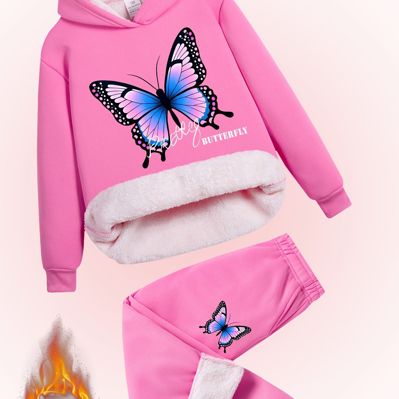 2pcs Girls' Butterfly Print Fashionable Versatile Hoodie + Pants Set, Winter Plush Lined Warm Comfort Casual Outfit for Daily and Outdoor Activities, Perfect for Outdoor