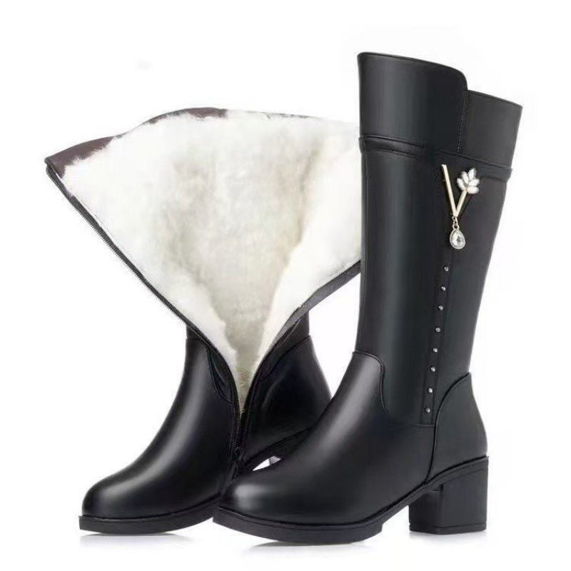 Women'S Winter Warm Mid-Calf Boots with Plush & Floral Pendant - Chunky Heel Round Toe PU Cover Upper, Zipper Closure, Cushioned EVA Insole & Non-Slip Rubber Sole - Elegant Cold-Weather Boots for Casual & Formal Outfits () -