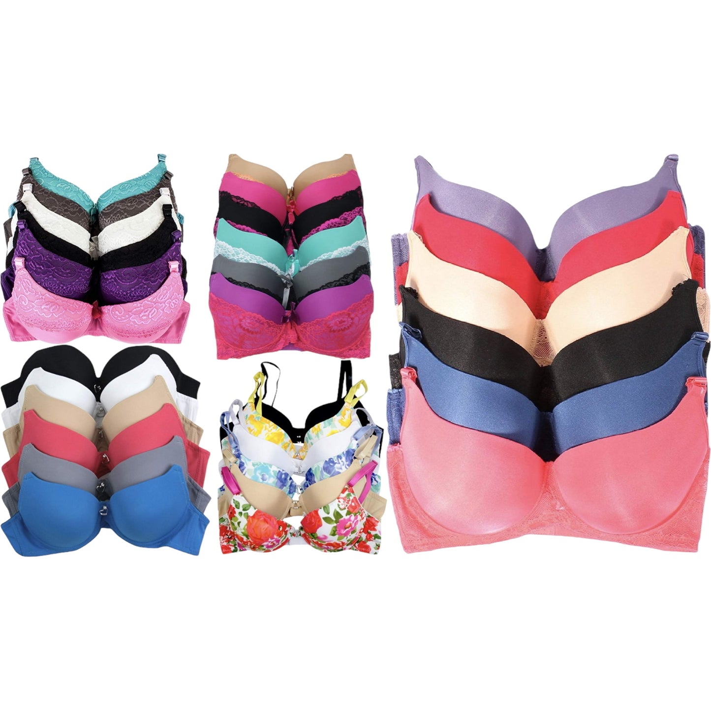 Women's 6-Item Pack of Random Assortment Print Bras with Underwire Sizes 30A to 40C