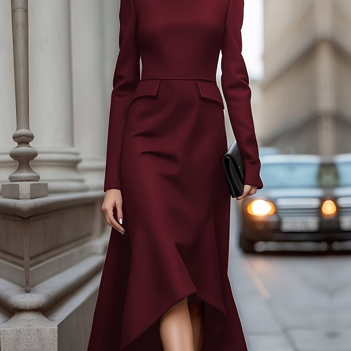 Women's Elegant High Neck Asymmetrical Hem Long Sleeve Maxi Dress - Solid Black Slim Fit Tuxedo-Inspired Office & Formal Attire, Structured A-Line Silhouette, Winter Warmth, S/M/L/XL/2XL Sizes Available, Versatile for Casual
