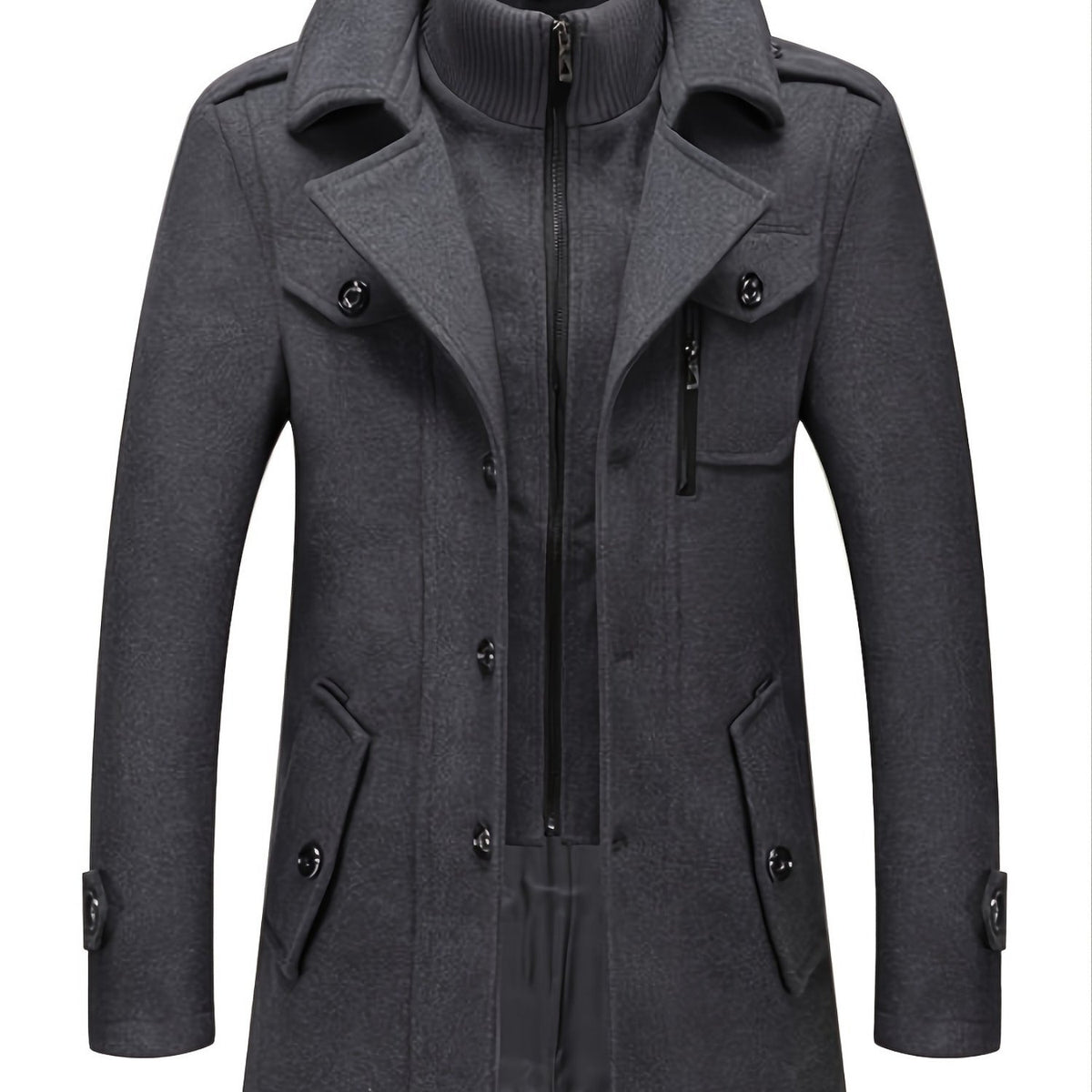 Men's Business Coat - Double Mid-Length Jacket with Collar & Single-Breasted Button Front, Warm Winter Coat Suitable for Office, Casual Wear - Solid Color Wool Jacket