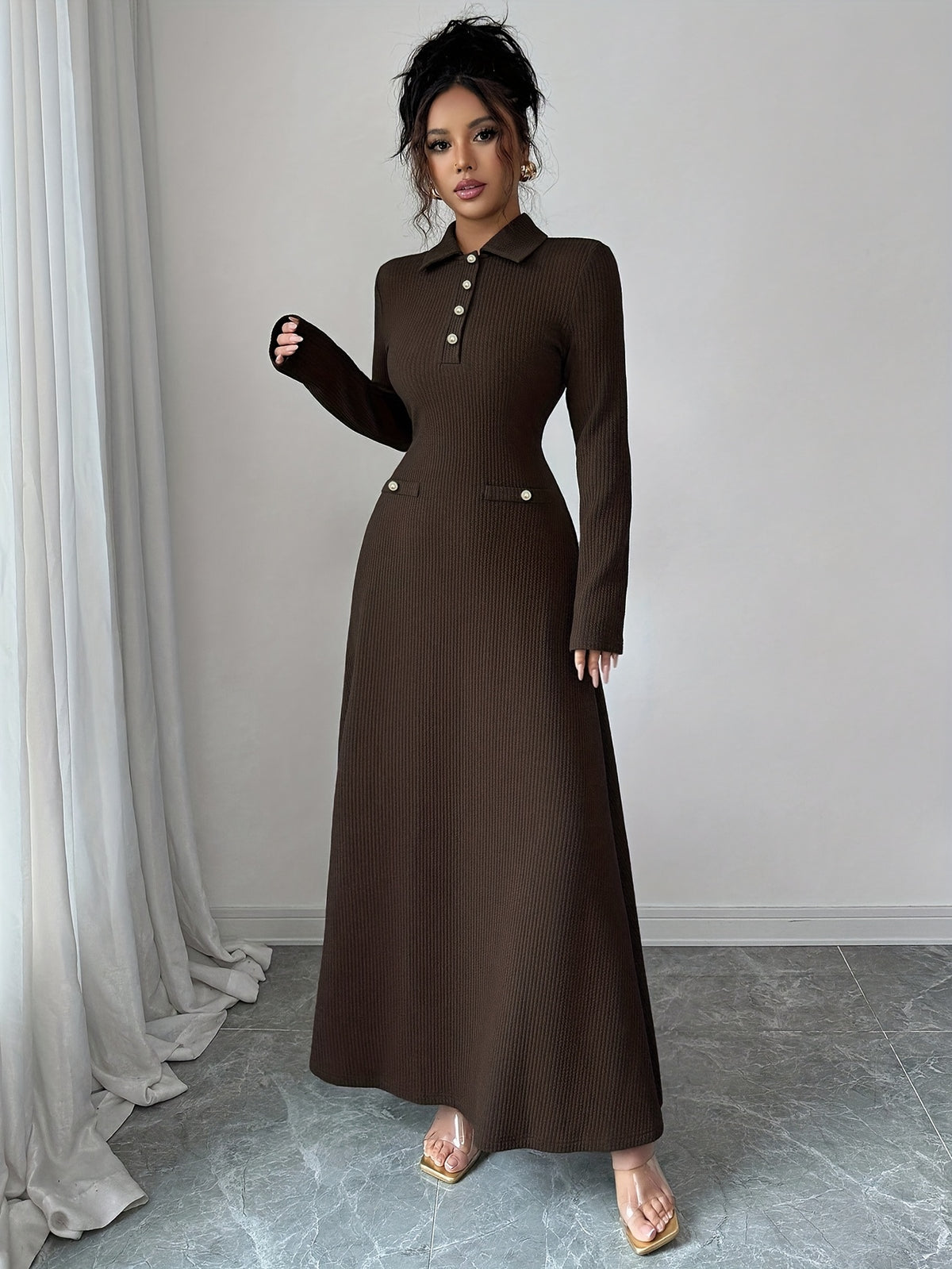 Women'S Elegant A-Line Maxi Dress - Long Sleeve Formal & Everyday Chic Outfit, Button Front Closure, Flattering Fit for Fall/Winter, Office, Party, Fashion Lovers, Stylish Outfit, Quality Stitching, Sophisticated Style, Winte
