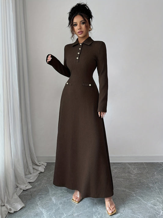 Women'S Elegant A-Line Maxi Dress - Long Sleeve Formal & Everyday Chic Outfit, Button Front Closure, Flattering Fit for Fall/Winter, Office, Party, Fashion Lovers, Stylish Outfit, Quality Stitching, Sophisticated Style, Winte