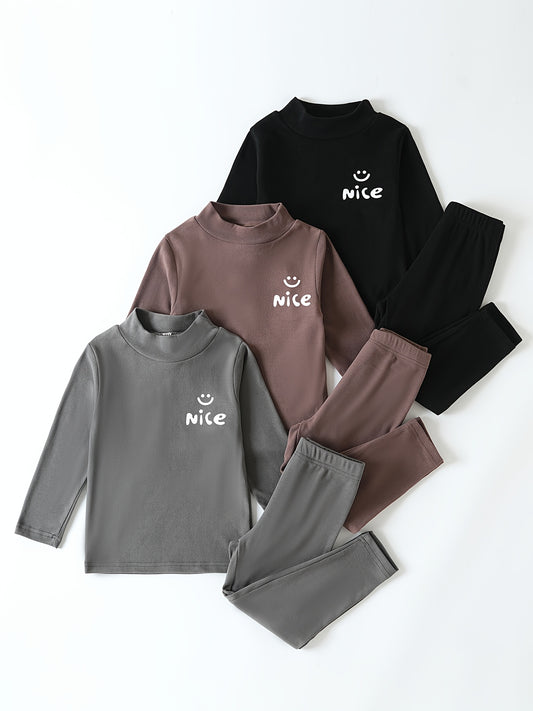 3 Sets of Stylish Thermal Fleece Tops And Long Pants for Boys, Featuring Easy Solid Colors in a Multi-pc Combination