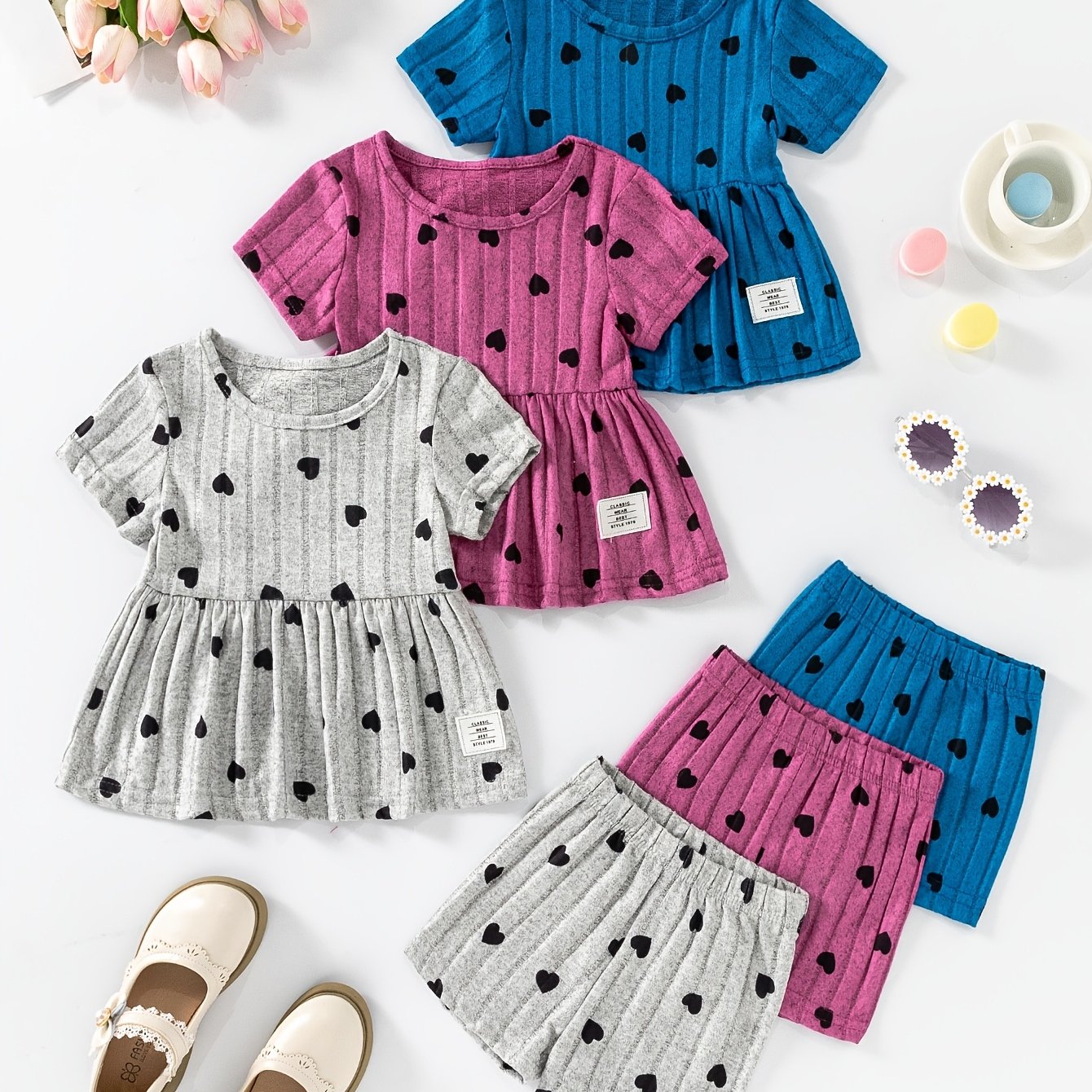 [Girls' 6pcs Set] Summer New Girls' Vibrant Basic Casual Top/Shorts 6pcs Set - Perfect for Outdoor