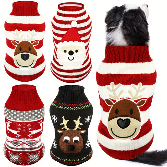 4pcs Dog Sweaters Christmas Halloween Dog Holiday Sweaters Puppy Snow Elk Reindeer Snowman Skull Bats Pumpkins Turkey Heart Warm Cosplay Clothes (Cute Pattern, Small)