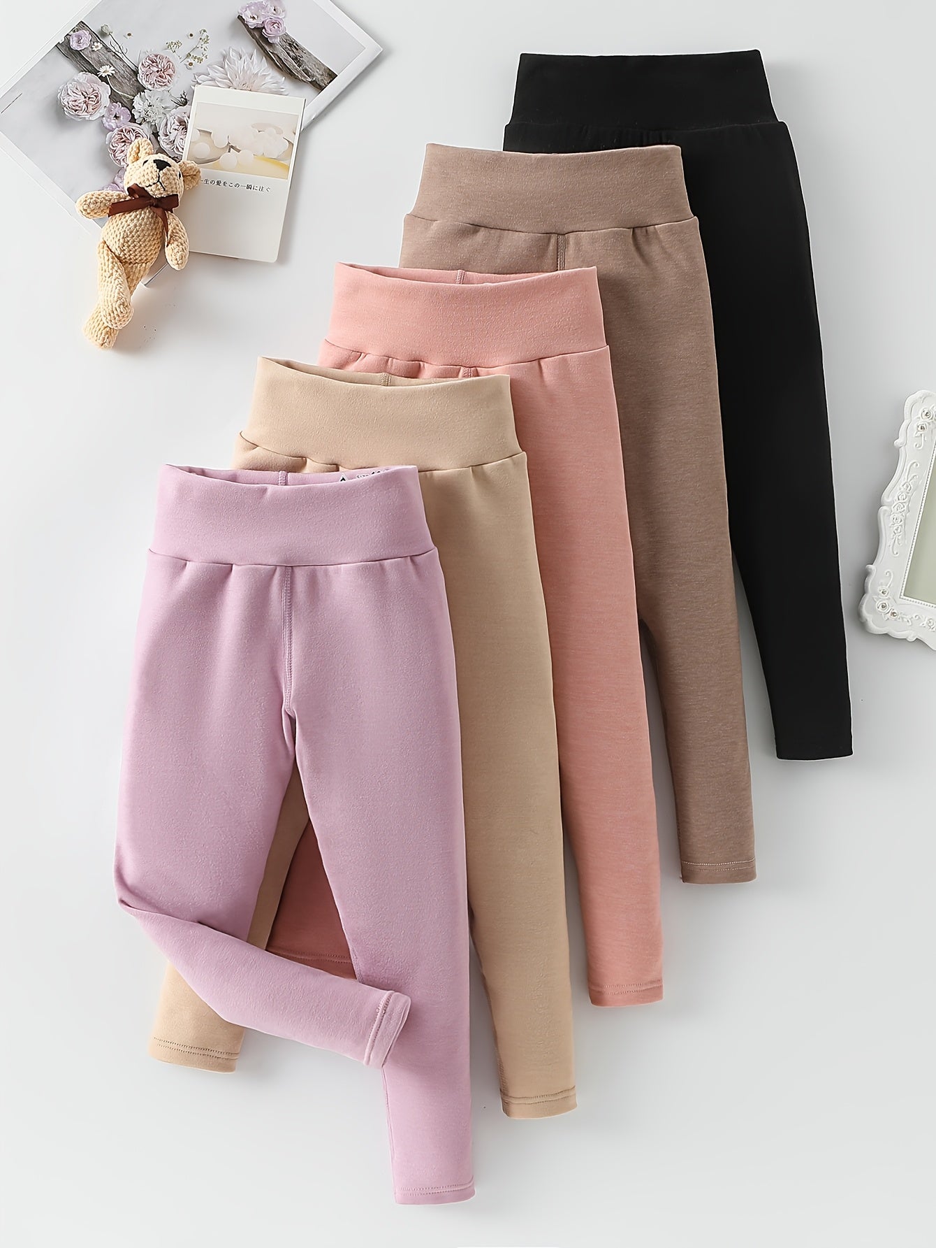 [Winter Warmth Leggings] 5pcs Girls' Winter Warmth Leggings - High-Waisted Stretchy Skinny-Fit Tights | Elastic Waistband, Solid Color Long Pants for Yoga, Casual & Outdoor Wear, Versatile Sister Matching Outfits