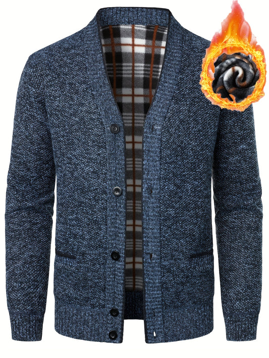 Men'S V-neck Casual Knit Cardigan | Fall/Winter, Thickened with Fleece, Solid Color, Long Sleeve, Fabric, Details
