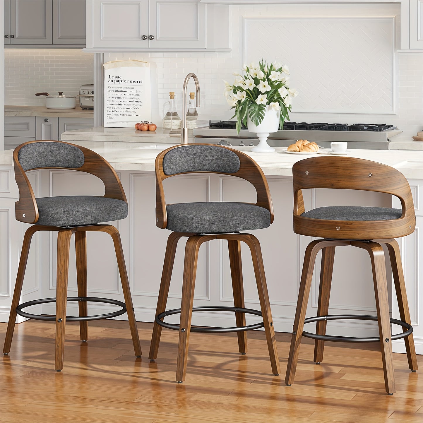 3/4pcs Modern Upholstered Bar Chair Set, 26" Counter-Height Stools With Thick Soft Cushion, Ergonomic Back Support, Solid Wood Legs & Footrest For Kitchen Island