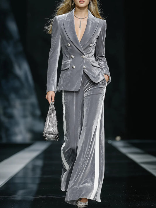 Silvery-Gray Velvet Double-Breasted Suit + White-Striped Wide-Leg Pants Set for Women | Luxurious and sophisticated style, perfect for evening parties and formal occasions., Formal Wear, Evening Party Outfit, Elegant Suit, So