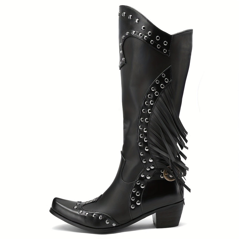 EQAUDES Women'S Retro Western Cowboy Boots - Pointed Toe Chunky Mid-Heel with Zipper & Metal Rivet Accents, Black PU Cover & Rubber Sole for Daily Wear, Work, Dress, Cowgirl Boots, Work Footwear, Decorative Rivets
