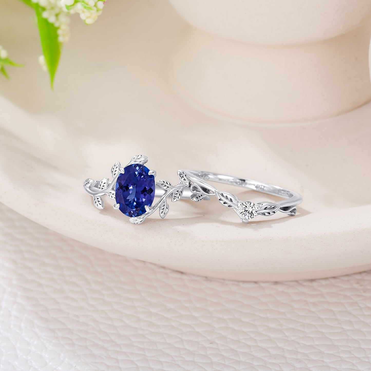 Natural Tanzanite Engagement Rings Set for Women 925 Sterling Silver Oval Shaped Tanzanite Leaf Ring Unique Bridal Wedding Rings