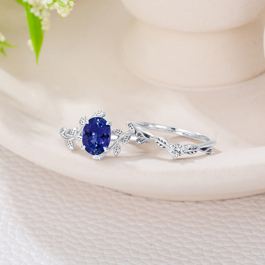 Natural Tanzanite Engagement Rings Set for Women 925 Sterling Silver Oval Shaped Tanzanite Leaf Ring Unique Bridal Wedding Rings