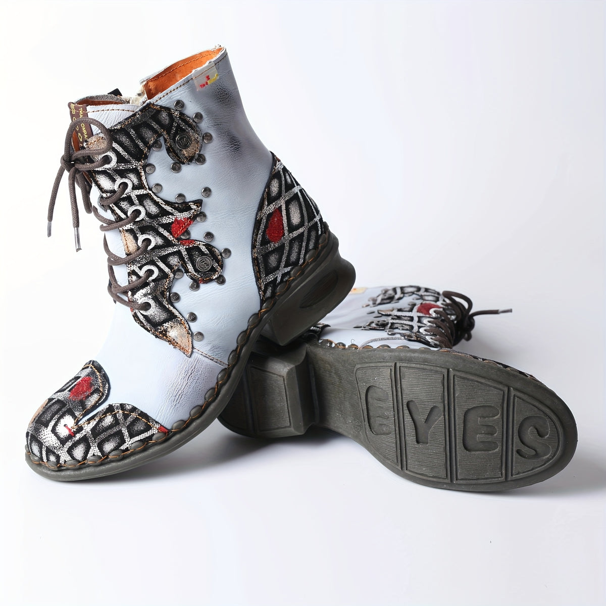 TMA EYES Women'S Western Style Low Heel Ankle Boots with Lace-Up Closure, Round Toe & Flat Sole - Genuine Leather Upper, TPR Sole, Black with Red & White Patchwork Design for Casual & Travel, Cowgirl Boots