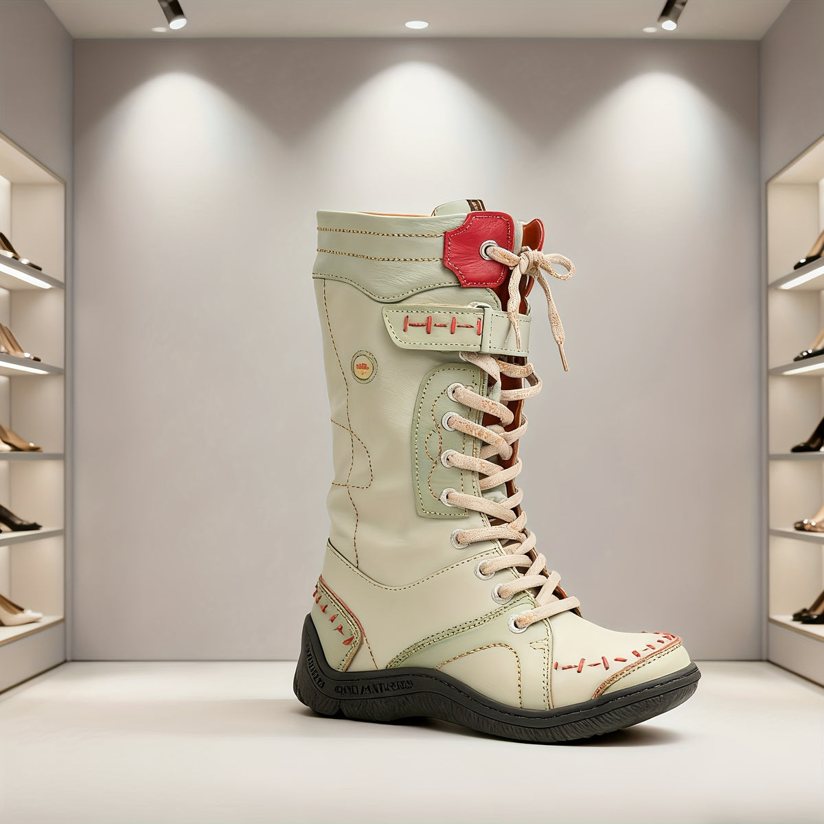 TMA EYES 's All-Season Round Toe Knee-High Boots - Cover-like (Gallina) Upper, TPR Sole & Zipper Closure, Lace-Like Tendon Strap - Multi-Color (Grey/Beige/Brown/Black) - Casual & Casual Attire, Round-Toe Ankle