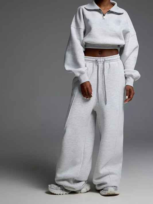 Fashion Casual European and American Style Women's Long Sleeve Turn- Collar Waist-Cinching Sweatshirt Tie Pants Casual Two-Piece Set
