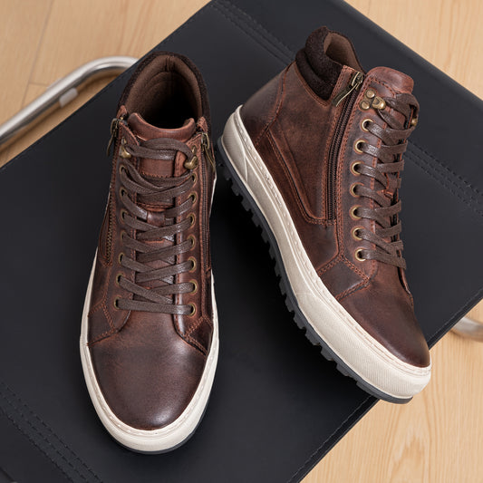 Men's Genuine Leather High-Top Boots Sneakers - Full-Grain Cowhide Upper, Side Zipper & Lace Closure, Arch & -Slip Rubber Sole, All-Season Round Toe Casual s (No Break-In Period) for, Outdoor, Casual Attire