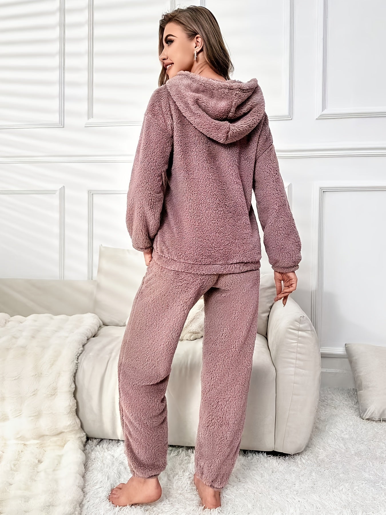 Women'S Cozy Fleece Hoodie & Pants Set - Soft Pink Casual Pajama Outfit with Pockets, Long Sleeves, and Drawstring Waist, Perfect for Relaxing at Home, Allseason Pajamas|Casual Style|Soft Fleece Material, Curvy Women Pajamas,