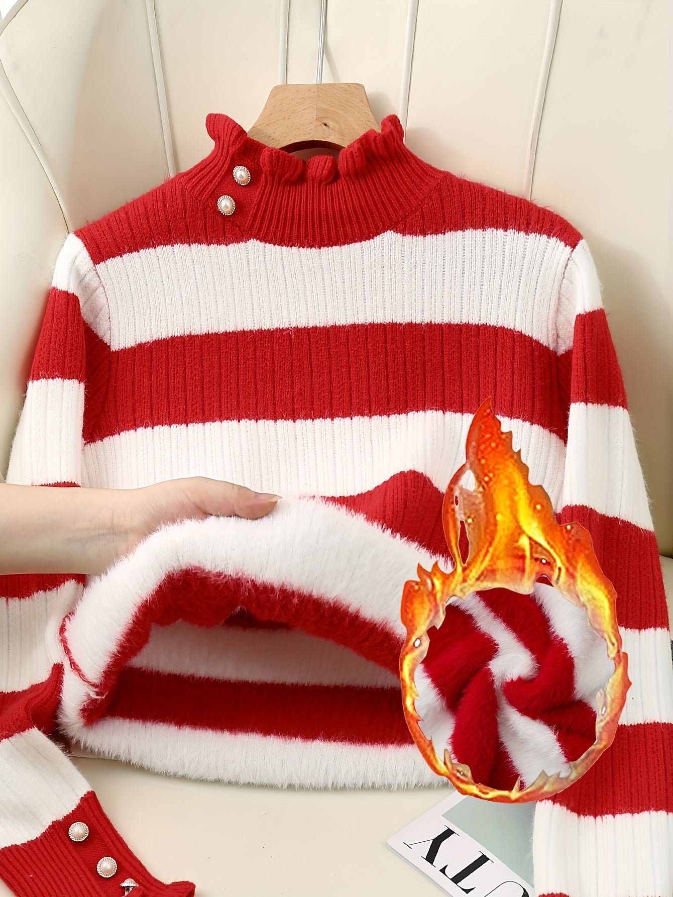 [Fleece Lined Sweater] Women's Cozy Red & White Striped Sweater with Button Detail - Warm Fleece-Lined Crew Neck, Casual Long Sleeve Pullover for Fall & Winter, Winter Clothing | Button Detail Sweater | Fleece Lined Sweater