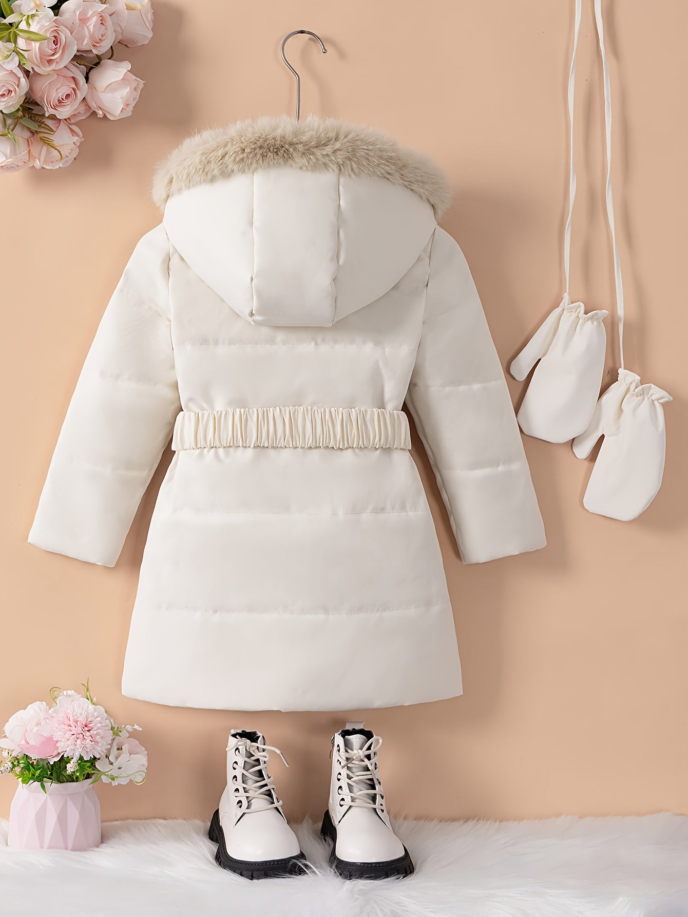 [Christmas] Girls' Heavy-Duty Winter Coat with Hood - Long Formal & Casual Snow Jacket, Adjustable Waist Belt, Zipper Closure, Elegant Hooded Outerwear for Cold Weather, Christmas, Everyday - Non-Stretch Fabric (Hand Washable