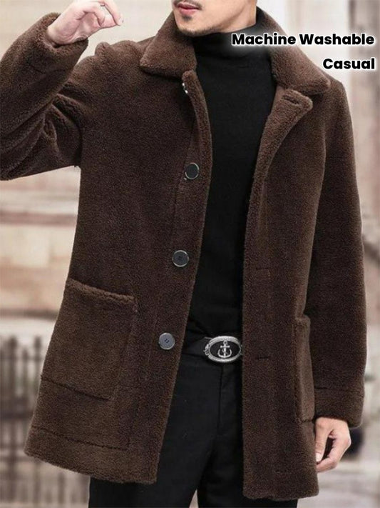 HERTALK Men's Winter Warm Lapel Short & Long Jacket with Faux Fur Collar - Thickened All-Season Coat, Single-Breasted Button Closure, Machine Washable Casual Outerwear (Regular/H-Fit)