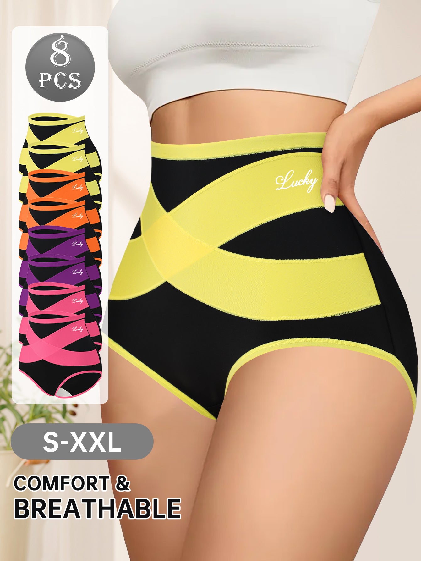 [High Waist Shaping Panties] 8pcs High Waist Women's Shaping Panties, Comfortable And Breathable Mesh Fabric, Cross Waistband Design, Wrapping Belly, Shaping Body, Polyester And Spandex Blend, Suitable for Home Daily Wear