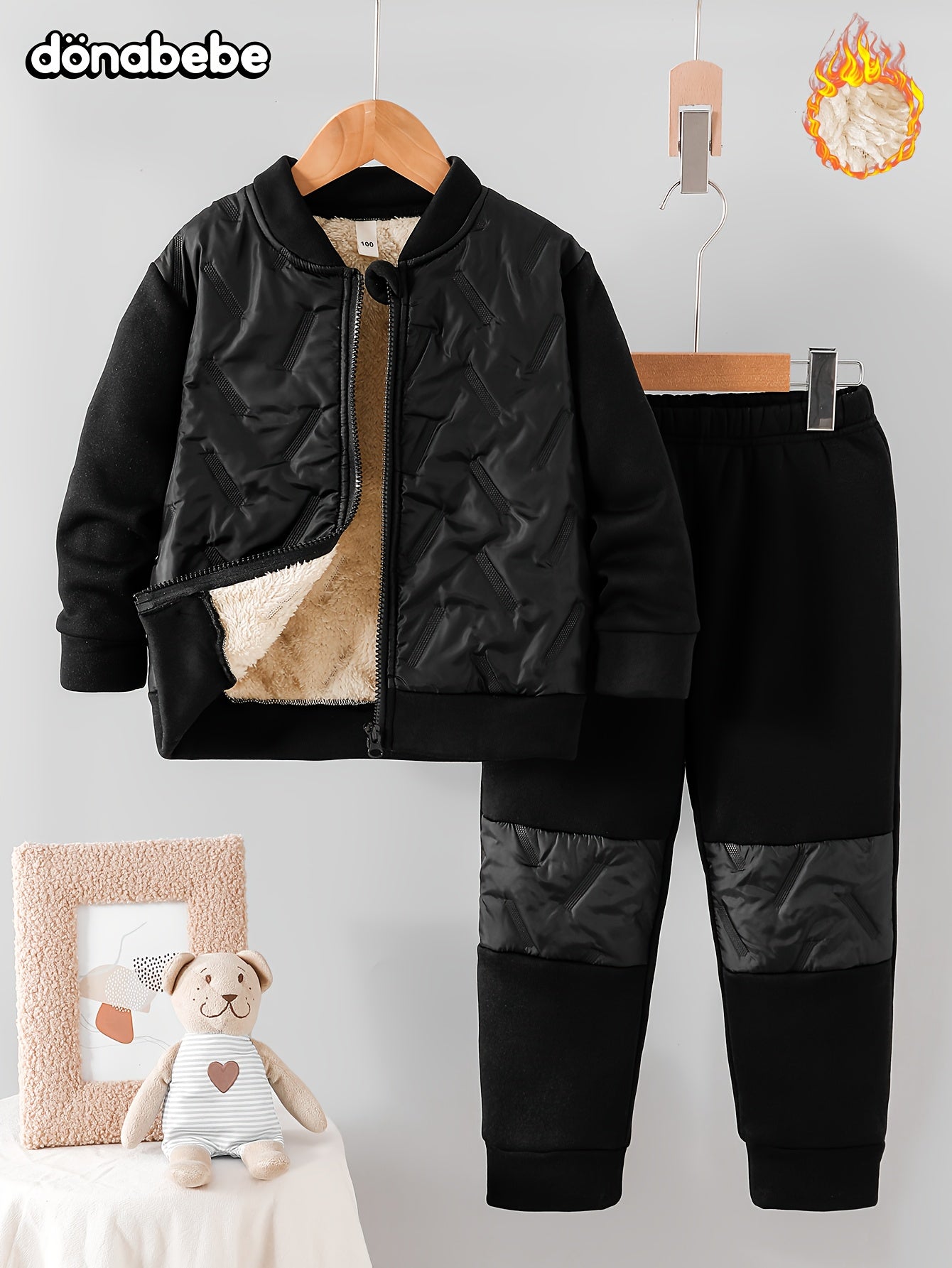 Boys' Autumn and Winter New Classic Simple Black Zip-Up Jacket with Fleece Lining Thickened Warm Top, Fashionable Casual Versatile Comfortable Leisure Sports Pants 2pcs Set, Perfect for Outdoor
