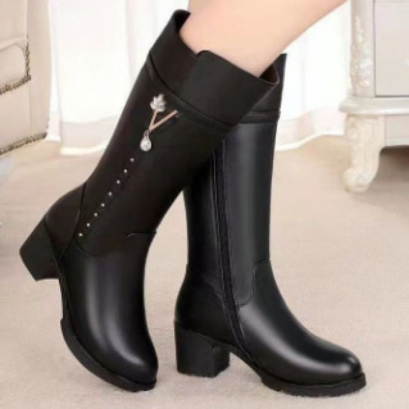 Women'S Winter Warm Mid-Calf Boots with Plush & Floral Pendant - Chunky Heel Round Toe PU Cover Upper, Zipper Closure, Cushioned EVA Insole & Non-Slip Rubber Sole - Elegant Cold-Weather Boots for Casual & Formal Outfits () -
