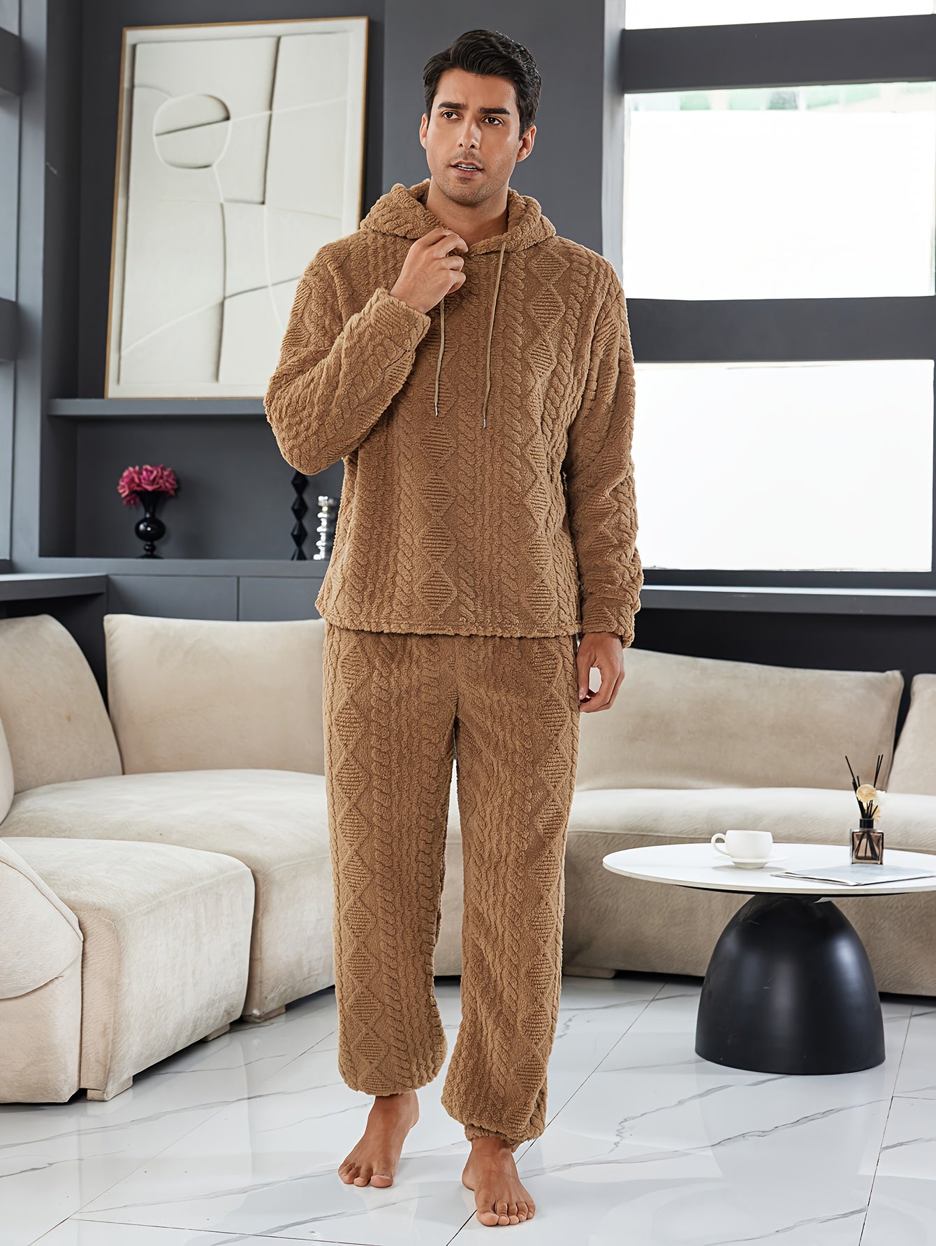 Solid Color • Plush Jacquard • Hooded • Men's Loungewear Set