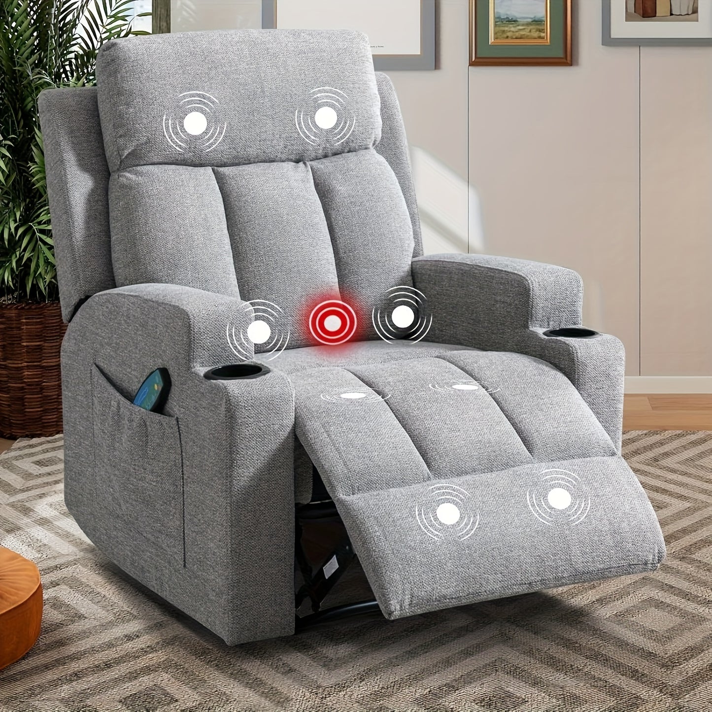 Manual Recliner Chair with Massage And Heat Ergonomic Overstuffed Breathable Fabric Reclining Chair with 2 Side Pockets, 2 Cup Holders, Remote Control, for Game & Recreation Room Furniture