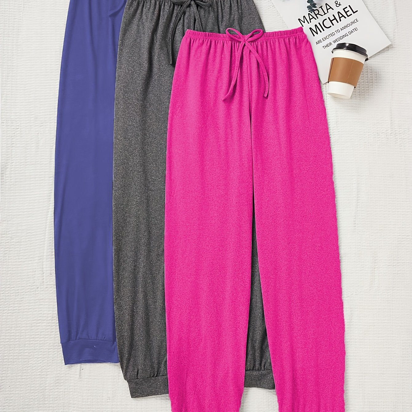 3pcs Women'S Casual Drawstring Waist Pants - Loose Fit Solid Color Joggers in, Pink | All-Season Comfort, Perfect for Home & Outdoor Wear, Ideal Gift, Jogging Pants