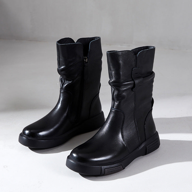Women's Genuine First-Layer Cowhide Boots - Fleece-Lined Mid-Calf Chelsea Ankle Boots with Round Toe & Zipper Closure, Solid Color Casual Winter Boots for Cold Weather (Rubber Sole) - New Style for Autumn and winter footwear