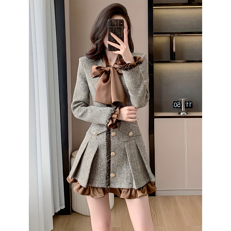 Women'S Elegant French-Inspired Slim-Fit Tweed Dress with Pleated Skirt - Structured Waist & Short Sleeves, A-Line Silhouette, Brown/ Houndstooth Pattern, Cozy Warm Fabric for Fall Winter, Casual to Semi-Formal Outfits (No Fe