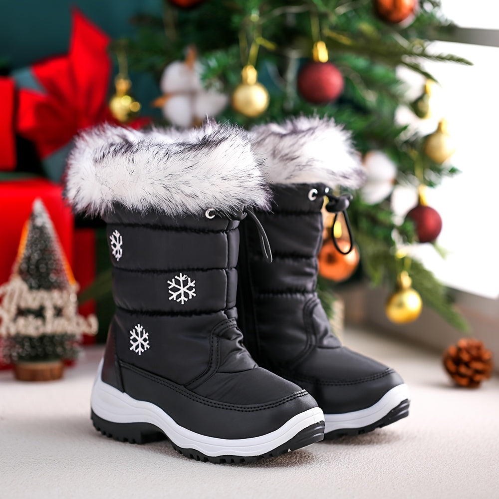 [Winter Snow Boots] Boys & Girls Winter Snow Boots - Warm High Quality Slip-Resistant Cold Weather Kids Boots with PVC Sole, Mid-Calf Zipper Closure & Floral Pattern Upper for Ice, Snow, Slush - Outdoor Winter Footwear for, P