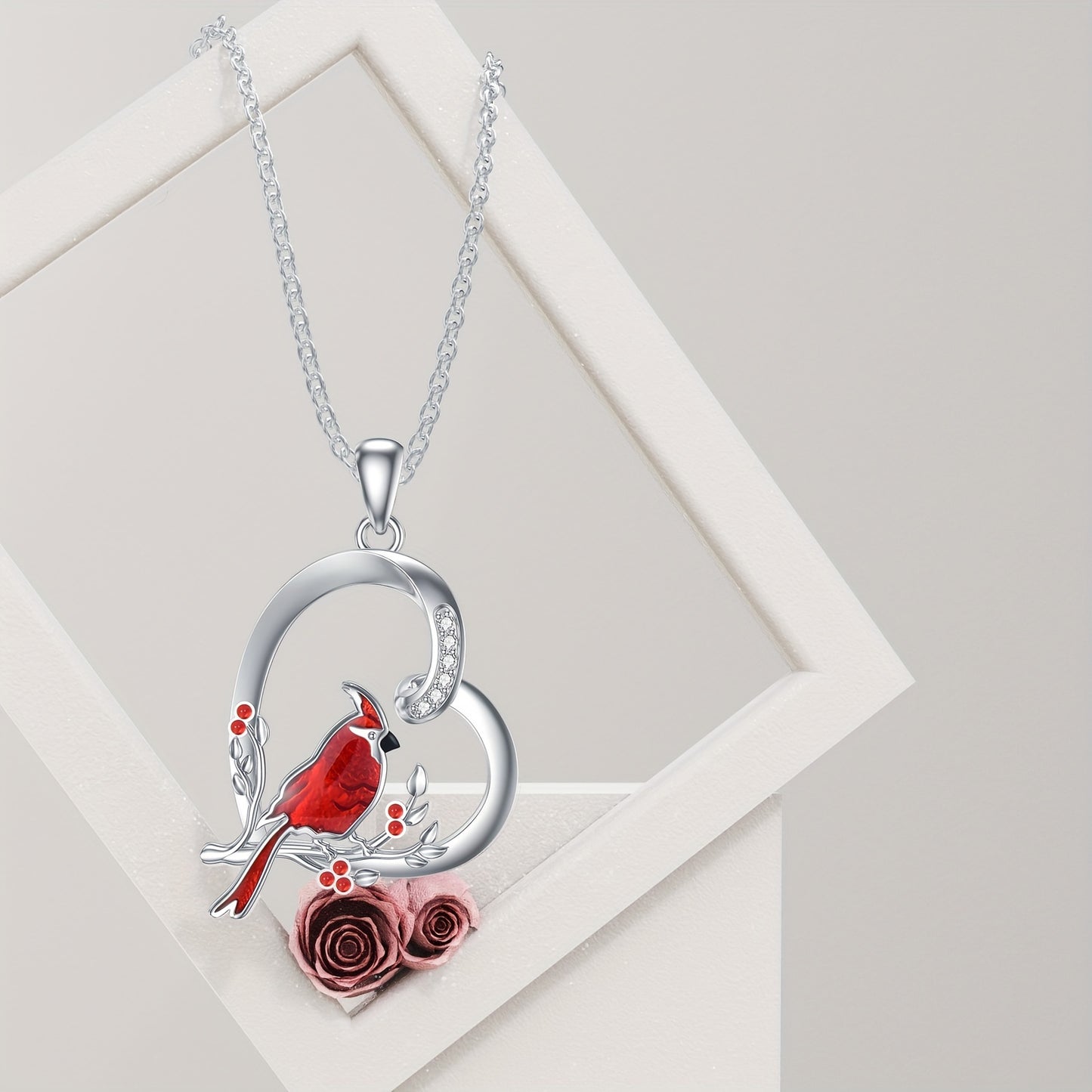 [Red Cardinal Necklace] Sterling Silver Red Cardinal Heart Pendant Necklace | Memorial Jewelry Gift for Women | Christmas, Birthday, Mother's Day, Valentine's Day