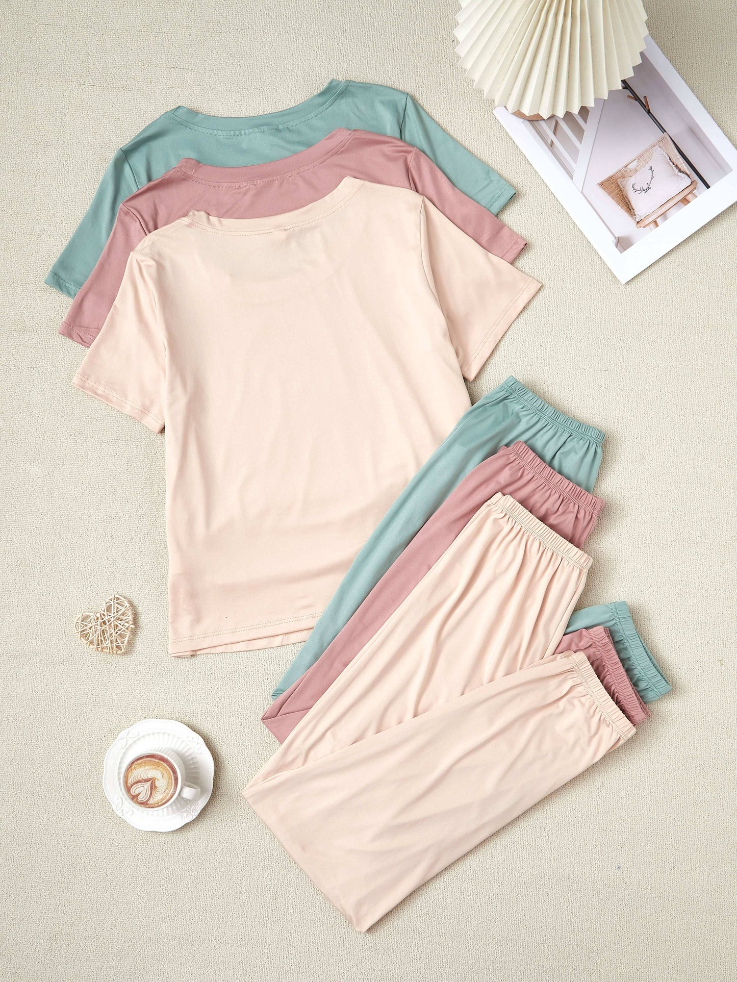 6pcs Women's New Style Pajamas Set • 3 Short Sleeved Tops • 3 Trousers • Casual Solid Color Set • 3 Pajamas