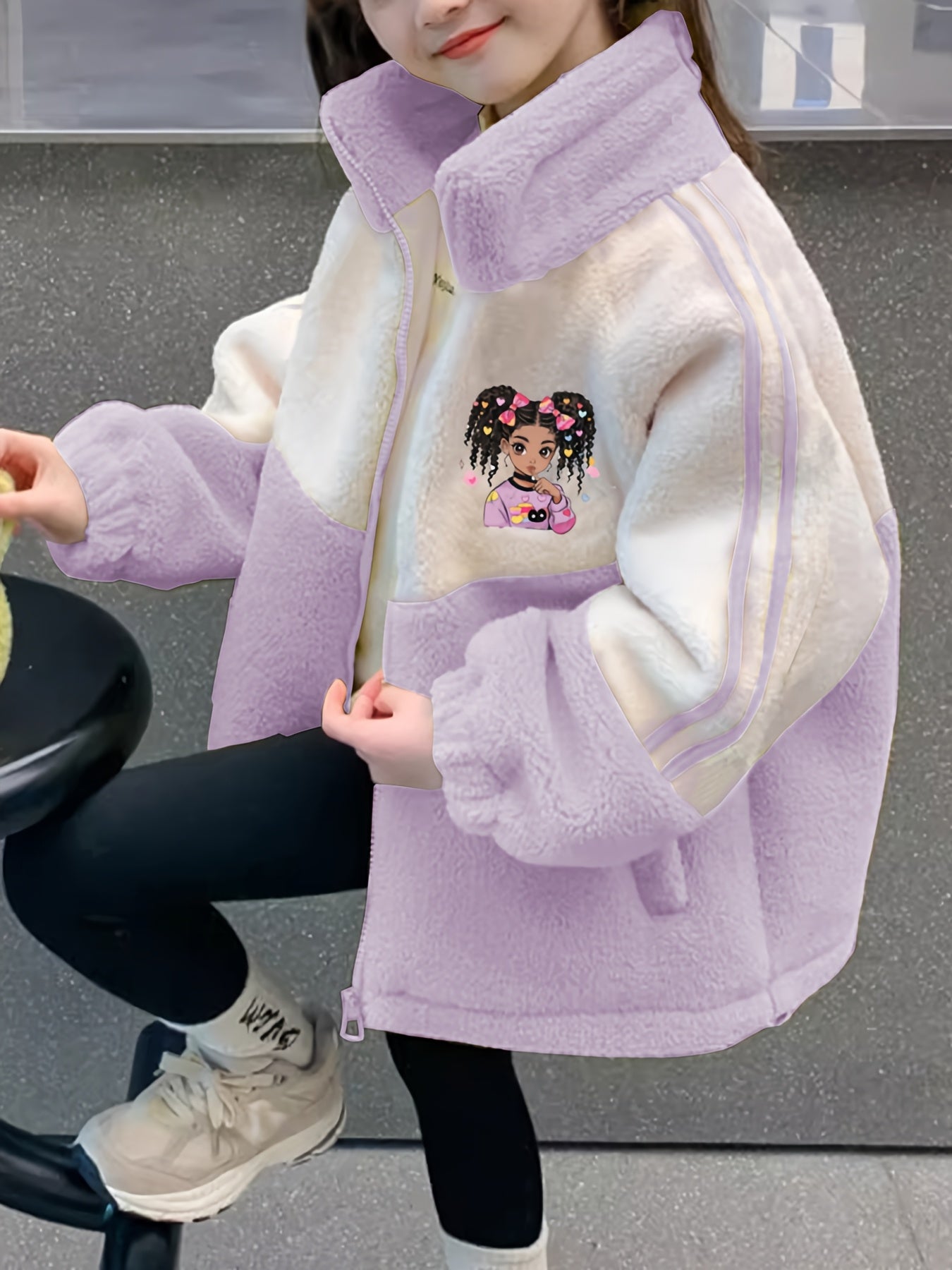 Girls' Winter Coat with Heart & Bunny Face - Soft Fleece-Lined Zipper Front, Loose Fit Long Sleeve Outerwear, Cute Cartoon Character Design for Halloween & Everyday