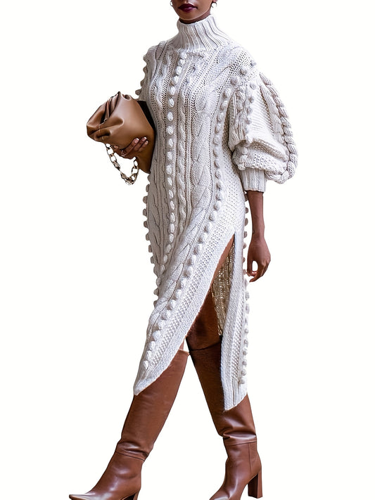 Women's Elegant Turtleneck Sweater-like dress - Long Puff Bell Sleeves, Flared hem, Bodycon H-Line Silhouette, Machine Washable Polyester Formal & Everyday Outfits for Fall/Winter - Chic Office to Party Dress